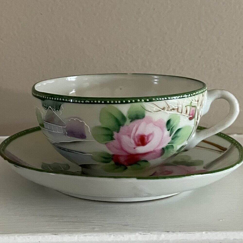 Vintage Japanese Hand Painted Teacup & Saucer Floral, Landscape, House Design